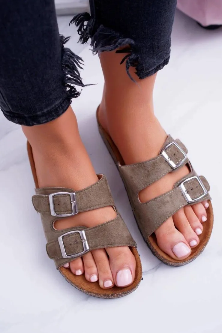 Damskie Boto Oliwkowe Zamszowe Korkowe Damskie Klapki Klamry Beatris