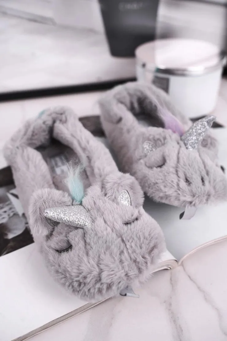 Damskie Boto Papcie Damskie Futrzane Jednorożce Szare Rainbow