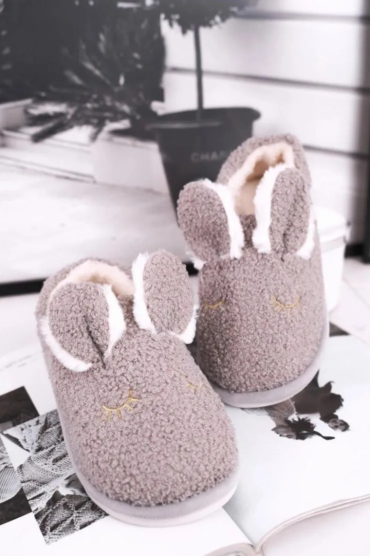 Boto Kapcie Klasyczne*Papcie Damskie Futrzane Zajączek Szare Goody