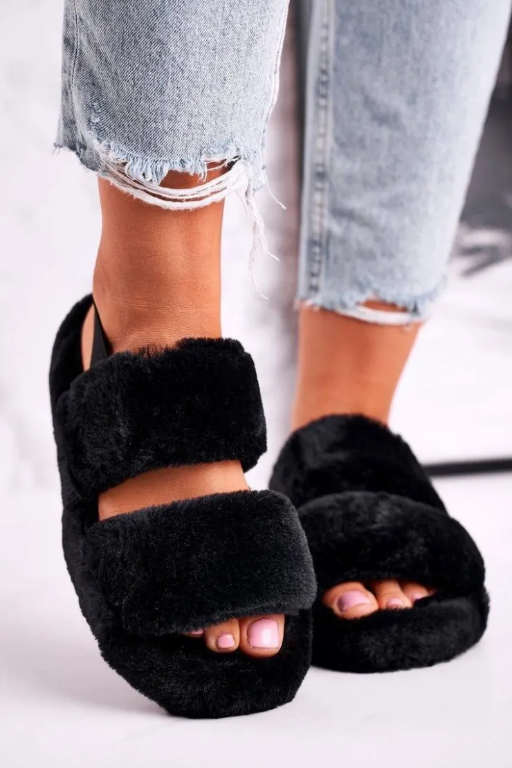 Damskie Boto Papcie Damskie na Platformie Futrzane Czarne Cotton Candy