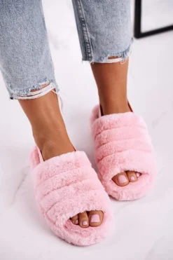 Boto Kapcie Klasyczne*Papcie Damskie na Platformie Futrzane Różowe Snowflake