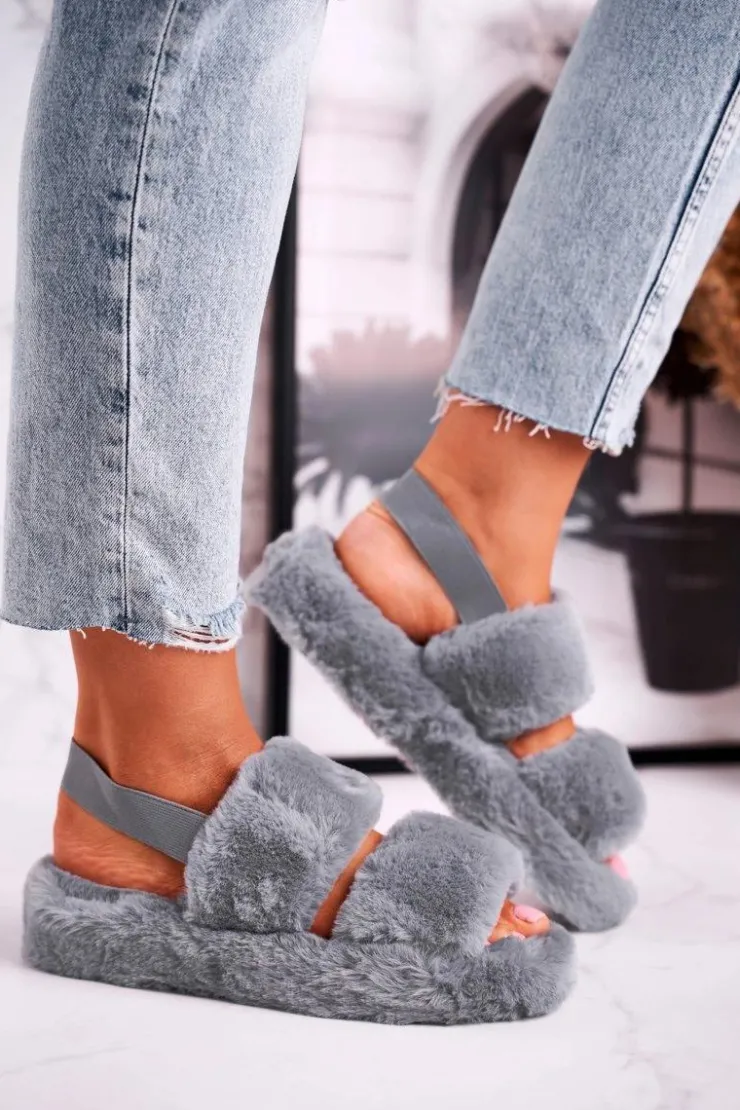 Boto Papcie Damskie na Platformie Futrzane Szare Cotton Candy