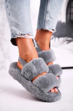 Boto Papcie Damskie na Platformie Futrzane Szare Cotton Candy