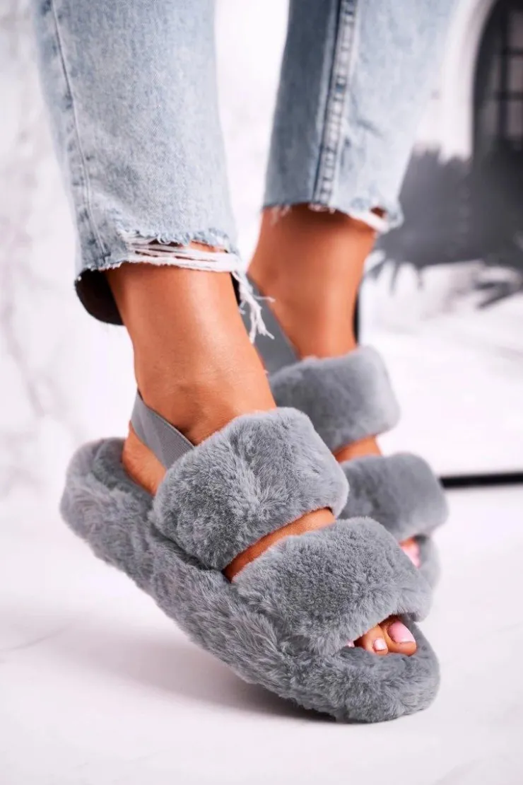 Boto Papcie Damskie na Platformie Futrzane Szare Cotton Candy