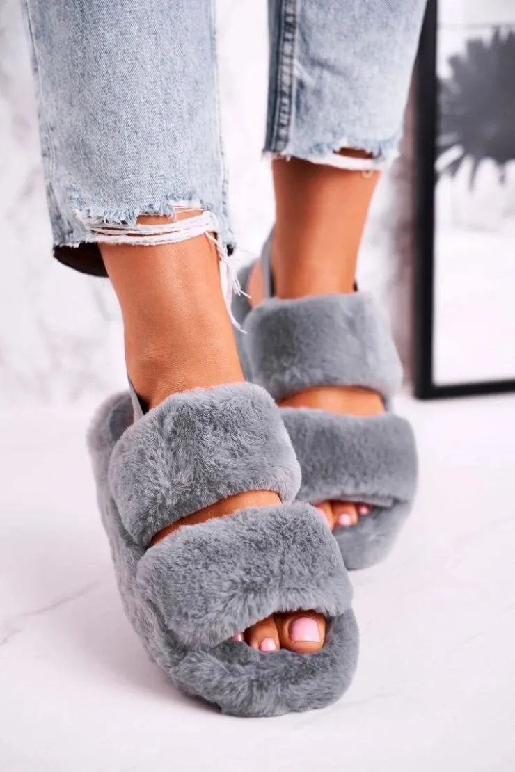 Boto Papcie Damskie na Platformie Futrzane Szare Cotton Candy