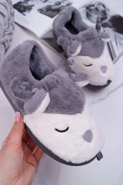 Damskie Boto Papcie Damskie Z Futerkiem Renifery Szare Reindeer