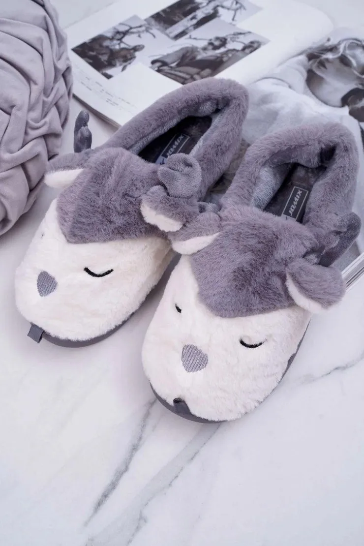 Damskie Boto Papcie Damskie Z Futerkiem Renifery Szare Reindeer