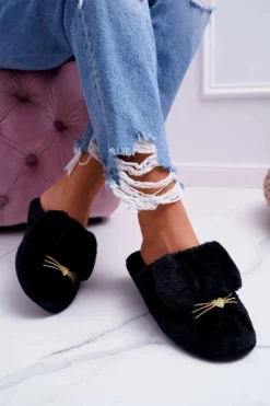 Boto Kapcie Klasyczne*Papcie Damskie Z Futerkiem I Uszkami Czarne Semmi
