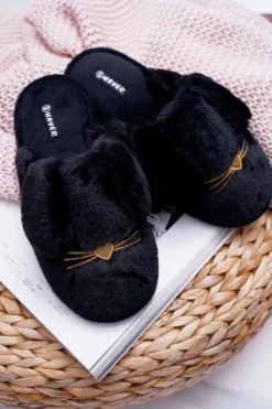 Boto Kapcie Klasyczne*Papcie Damskie Z Futerkiem I Uszkami Czarne Semmi