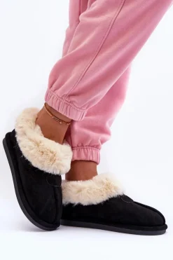 Boto Kapcie Klasyczne*Papcie Damskie Z Futerkiem Czarne Lanoze Czarny