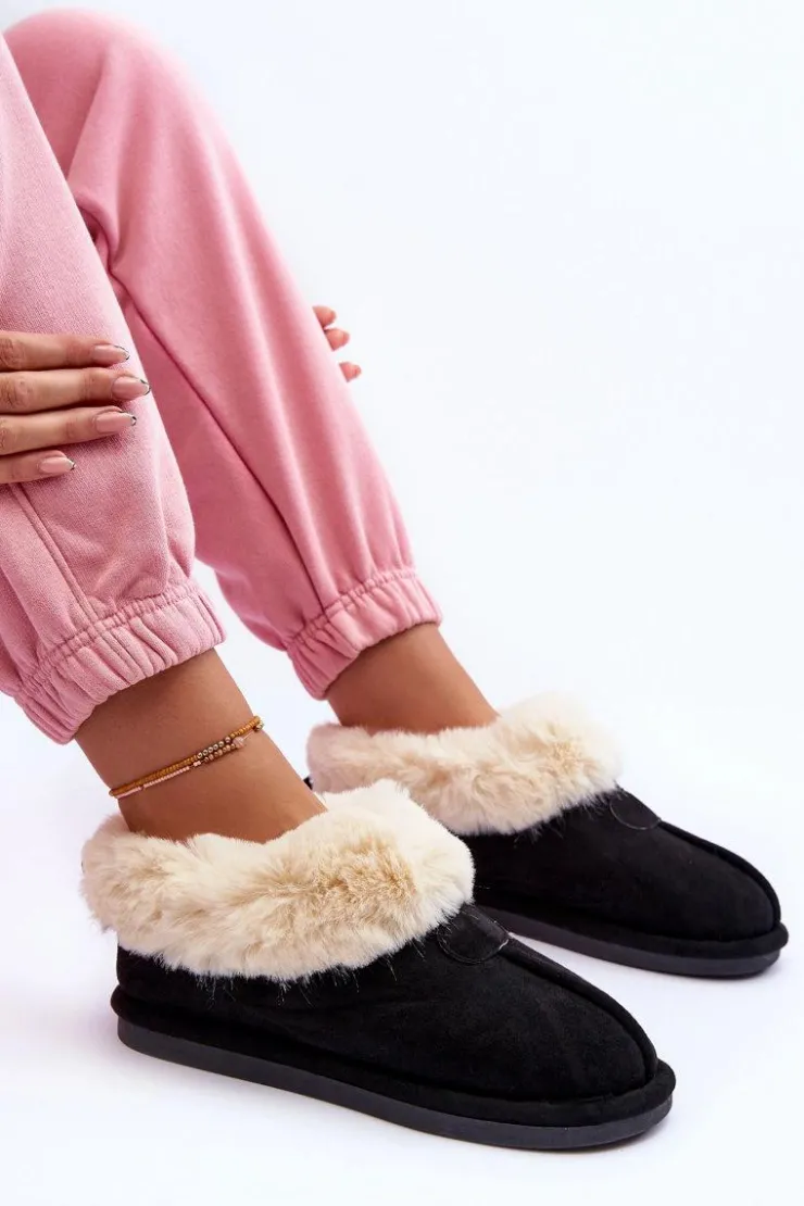 Boto Kapcie Klasyczne*Papcie Damskie Z Futerkiem Czarne Lanoze Czarny