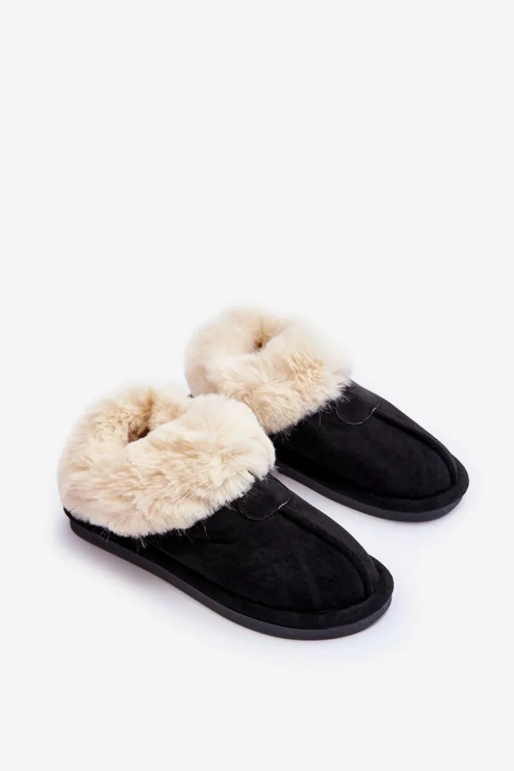 Boto Kapcie Klasyczne*Papcie Damskie Z Futerkiem Czarne Lanoze Czarny
