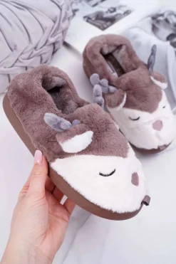 Damskie Boto Papcie Damskie Z Futerkiem Renifery Brązowe Reindeer