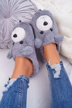 Boto Kapcie Klasyczne*Papcie Damskie Z Futerkiem Miś Szare Bear