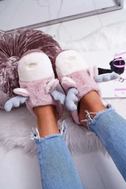 Boto Kapcie Klasyczne*Papcie Damskie Z Futerkiem Renifery Różowe Deff