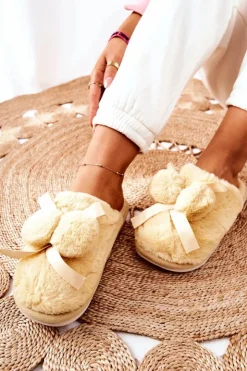 Damskie Boto Papcie Futrzane Z Pomponami Żółte Pamppy