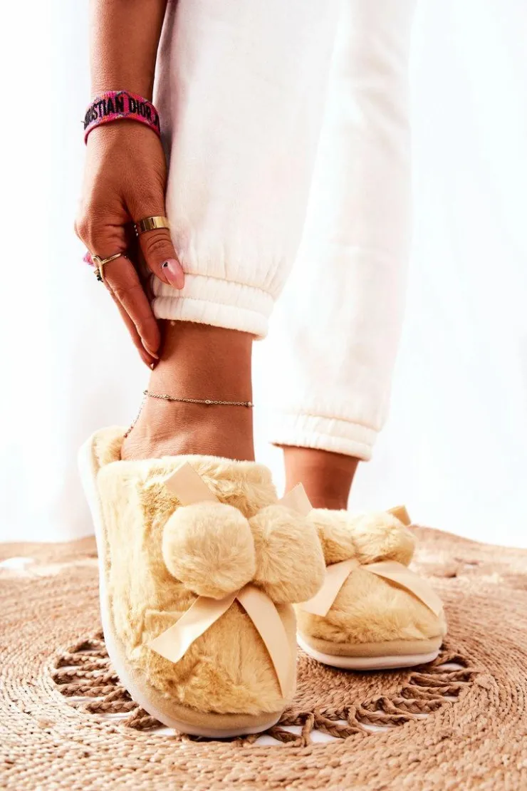 Damskie Boto Papcie Futrzane Z Pomponami Żółte Pamppy