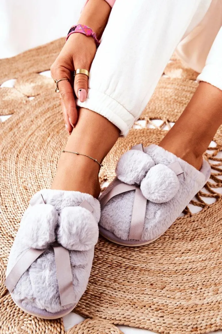 Damskie Boto Papcie Futrzane Z Pomponami Szare Pamppy