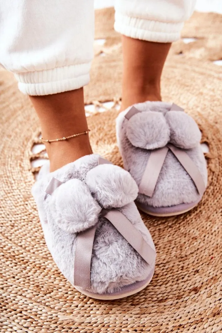 Damskie Boto Papcie Futrzane Z Pomponami Szare Pamppy