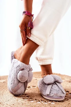 Damskie Boto Papcie Futrzane Z Pomponami Szare Pamppy