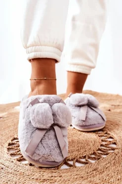 Damskie Boto Papcie Futrzane Z Pomponami Szare Pamppy