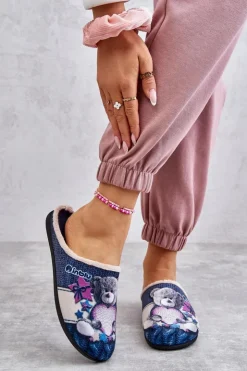 BEFADO Kapcie Klasyczne|Klapki Damskie Klasyczne*Papcie Klapki Miś Z Sercem 155D210 Granatowe