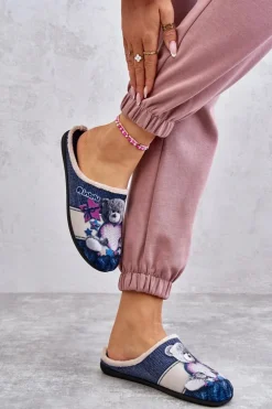 BEFADO Kapcie Klasyczne|Klapki Damskie Klasyczne*Papcie Klapki Miś Z Sercem 155D210 Granatowe