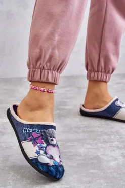 BEFADO Kapcie Klasyczne|Klapki Damskie Klasyczne*Papcie Klapki Miś Z Sercem 155D210 Granatowe