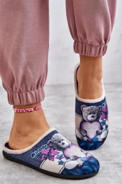 BEFADO Kapcie Klasyczne|Klapki Damskie Klasyczne*Papcie Klapki Miś Z Sercem 155D210 Granatowe