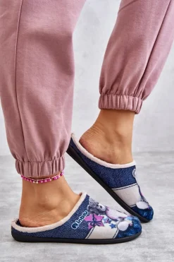 BEFADO Kapcie Klasyczne|Klapki Damskie Klasyczne*Papcie Klapki Miś Z Sercem 155D210 Granatowe