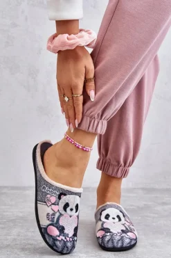 Damskie BEFADO Papcie Klapki Panda Z Sercem 155D209 Szare