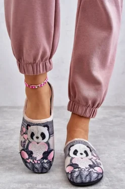Damskie BEFADO Papcie Klapki Panda Z Sercem 155D209 Szare