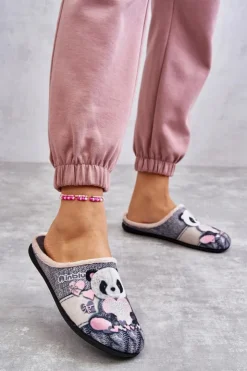 Damskie BEFADO Papcie Klapki Panda Z Sercem 155D209 Szare