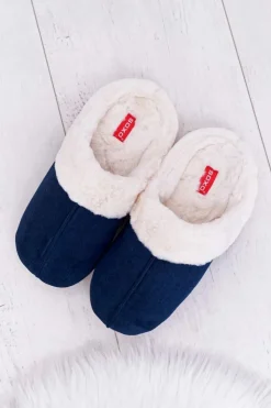 Damskie Boto Papcie Męskie SOXO Klapki Z Futerkiem Granatowe 70103