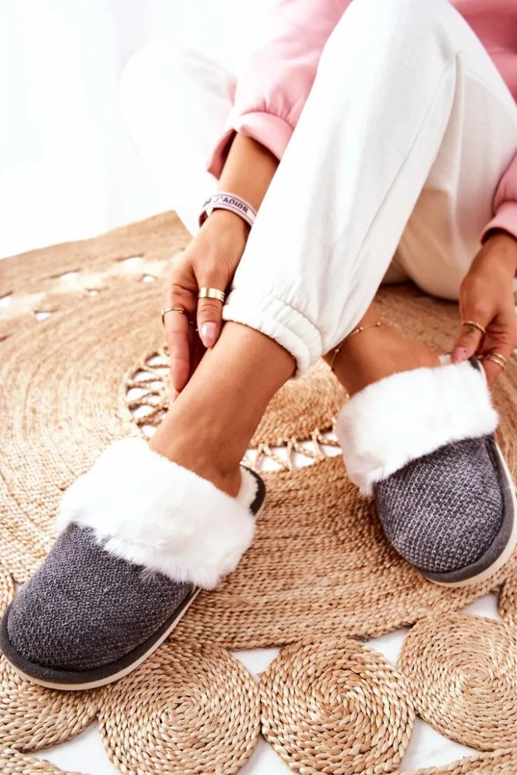 Damskie Boto Papcie Ocieplane Z Futerkiem Szare Flamarin