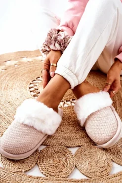 Boto Kapcie Klasyczne*Papcie Ocieplane Z Futerkiem Beżowe Flamarin