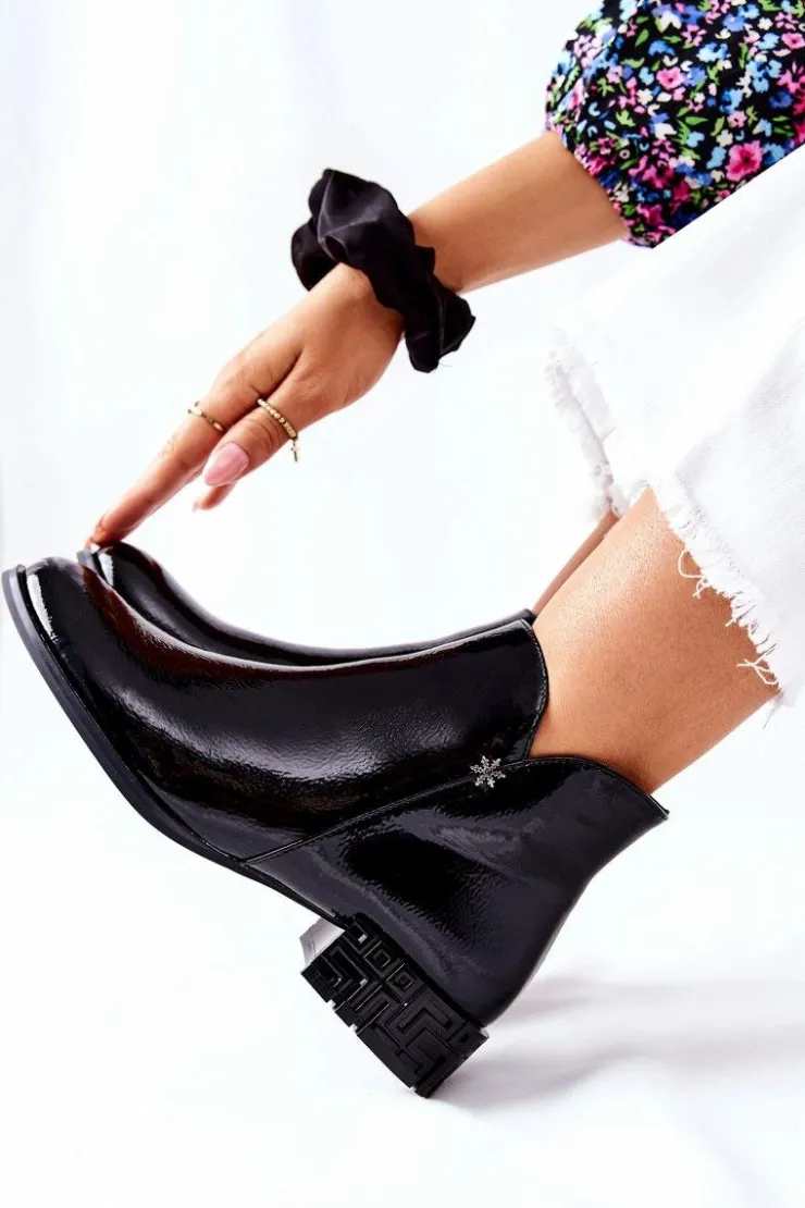 Buty Sergio Leone Czarne Botki|Botki Zimowe Damskie*Płaskie Botki Ocieplane Lakierowane Sergio Leone BT540 Czarne