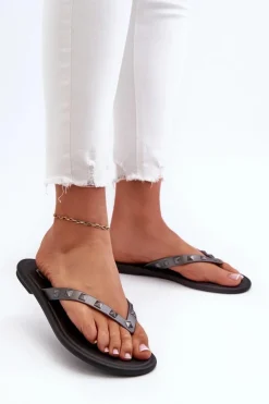 Damskie ZAXY Płaskie Elastyczne Klapki Japonki Damskie JJ285297 Szaro-Czarne