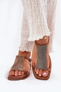 New Artiker Płaskie Eleganckie Sandały Damskie Z Kryształkami 56C1365 Brązowe Brązowy