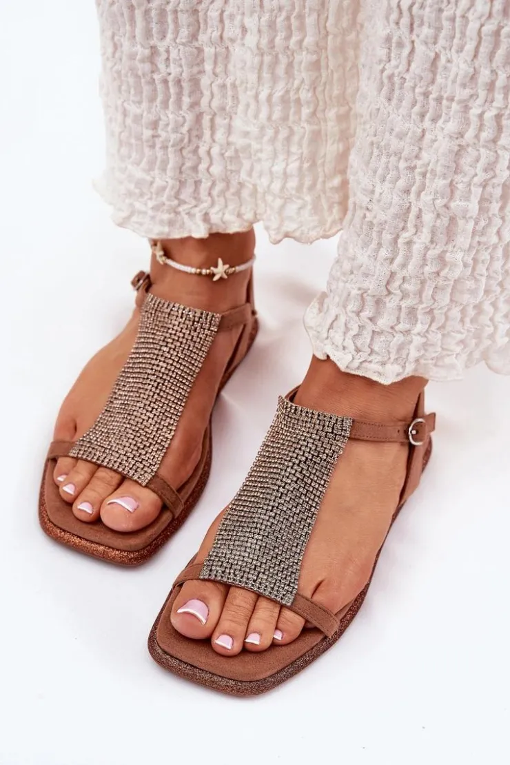 New Artiker Płaskie Eleganckie Sandały Damskie Z Kryształkami 56C1365 Brązowe Brązowy