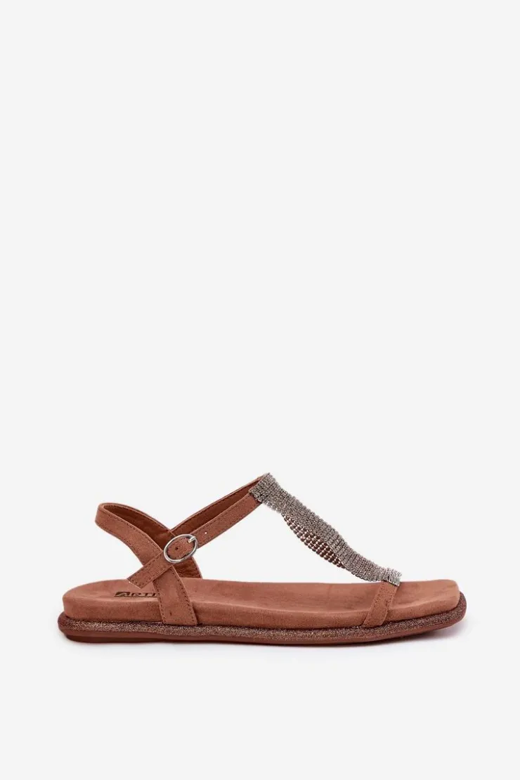 New Artiker Płaskie Eleganckie Sandały Damskie Z Kryształkami 56C1365 Brązowe Brązowy