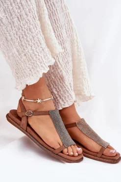 New Artiker Płaskie Eleganckie Sandały Damskie Z Kryształkami 56C1365 Brązowe Brązowy