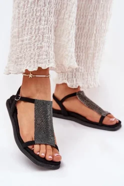 Artiker Sandały Płaskie*Płaskie Eleganckie Sandały Damskie Z Kryształkami 56C1370 Czarne Czarny