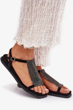 Artiker Sandały Płaskie*Płaskie Eleganckie Sandały Damskie Z Kryształkami 56C1370 Czarne Czarny