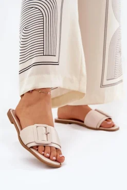 Boto Klapki Damskie Klasyczne*Płaskie Klapki Damskie Eko Skórzane Z Klamrą Beżowe Bamma Beżowy