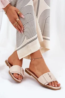 Boto Klapki Damskie Klasyczne*Płaskie Klapki Damskie Eko Skórzane Z Klamrą Beżowe Bamma Beżowy