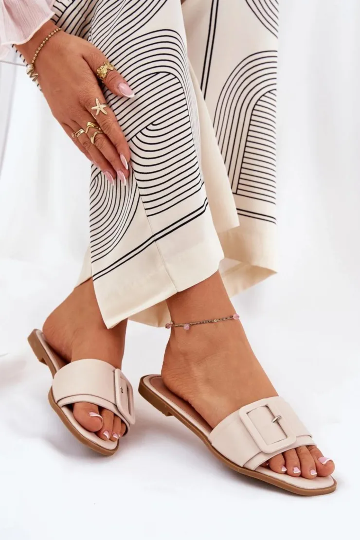 Boto Klapki Damskie Klasyczne*Płaskie Klapki Damskie Eko Skórzane Z Klamrą Beżowe Bamma Beżowy