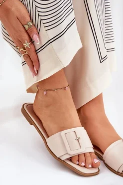 Boto Klapki Damskie Klasyczne*Płaskie Klapki Damskie Eko Skórzane Z Klamrą Beżowe Bamma Beżowy