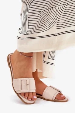 Boto Klapki Damskie Klasyczne*Płaskie Klapki Damskie Eko Skórzane Z Klamrą Beżowe Bamma Beżowy