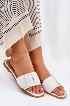 Boto Płaskie Klapki Damskie Eko Skórzane Z Klamrą Białe Bamma